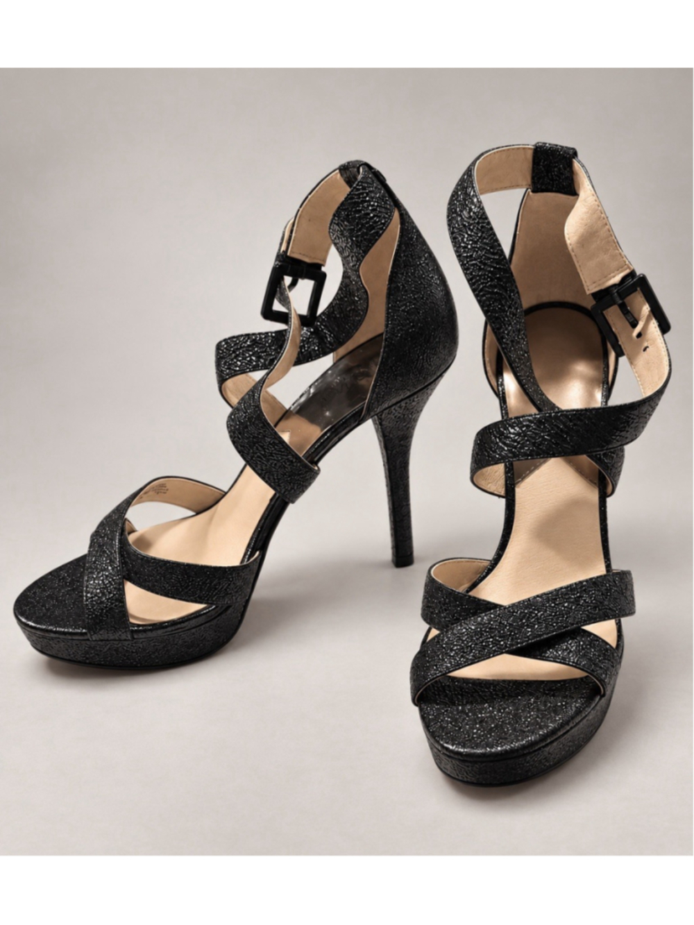 Michael Kors Black Glitter Strappy Sz 11 Platform Stiletto Sandals High Heels